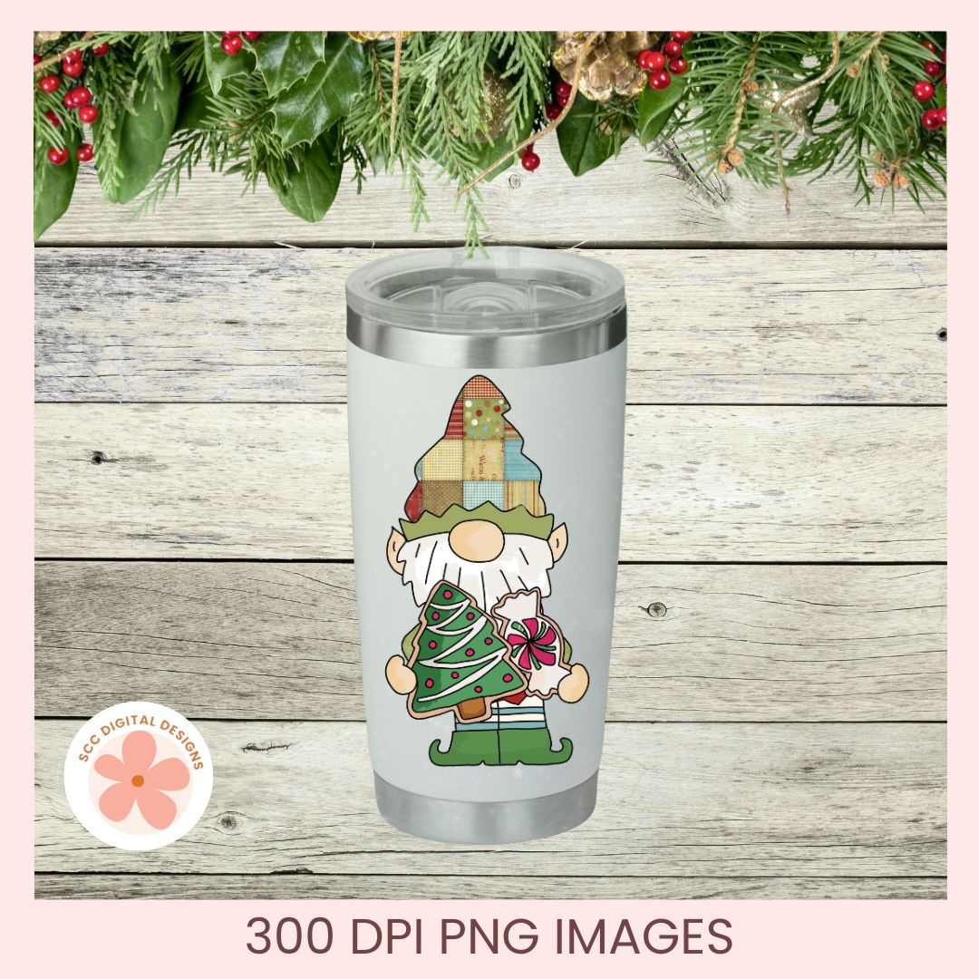 A frosted tumbler with a lid and a gnome holding a Christmas tree graphic, shown on a rustic wood background with holiday greenery at the top and text reading '300 DPI PNG IMAGES' at the bottom.