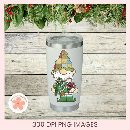 A frosted tumbler with a lid and a gnome holding a Christmas tree graphic, shown on a rustic wood background with holiday greenery at the top and text reading '300 DPI PNG IMAGES' at the bottom.