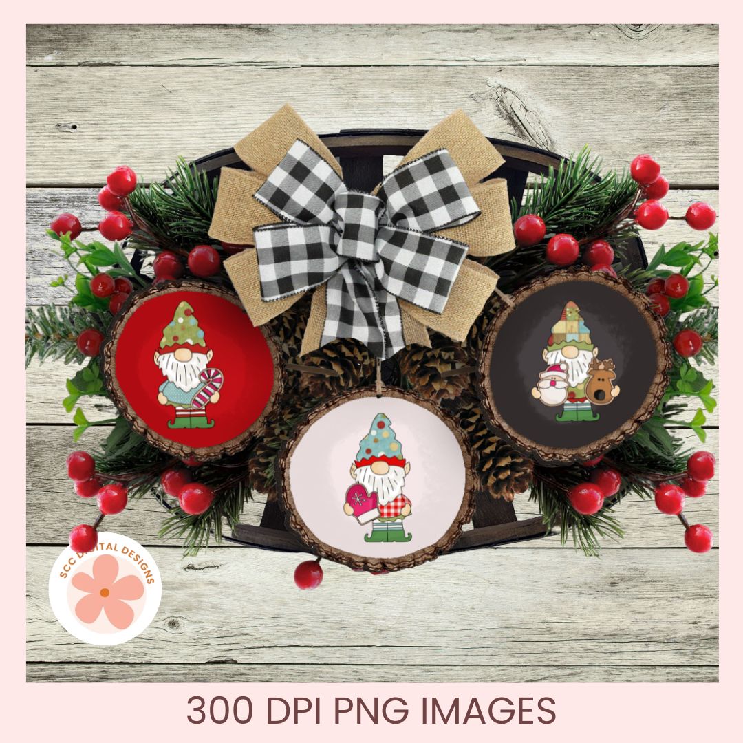 Three Christmas gnome SVG cut files displayed on rustic wood slices with a burlap bow, pinecones, and red berries. Text at the bottom reads '300 DPI PNG IMAGES'.