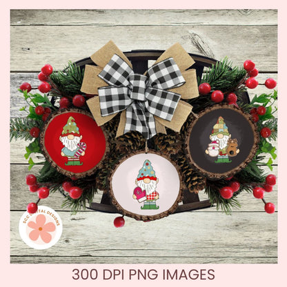 Three Christmas gnome SVG cut files displayed on rustic wood slices with a burlap bow, pinecones, and red berries. Text at the bottom reads '300 DPI PNG IMAGES'.