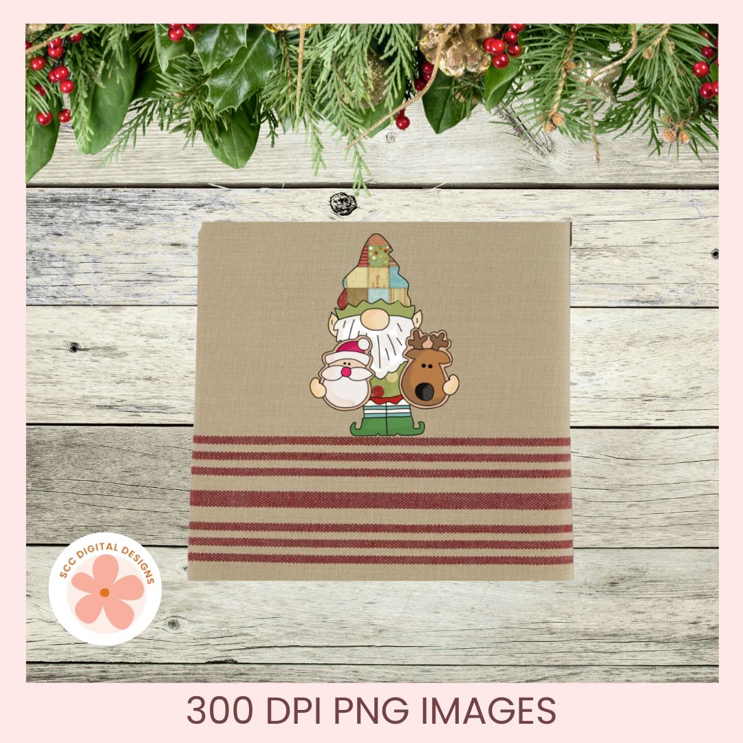 A square fabric napkin or small towel in beige with three horizontal dark red stripes near the bottom and a central embroidered-style holiday gnome design, shown on a rustic wood plank background with green garland and red berries. Text at the bottom reads '300 DPI PNG IMAGES' and a circular logo says 'JCC DIGITAL DESIGNS'.