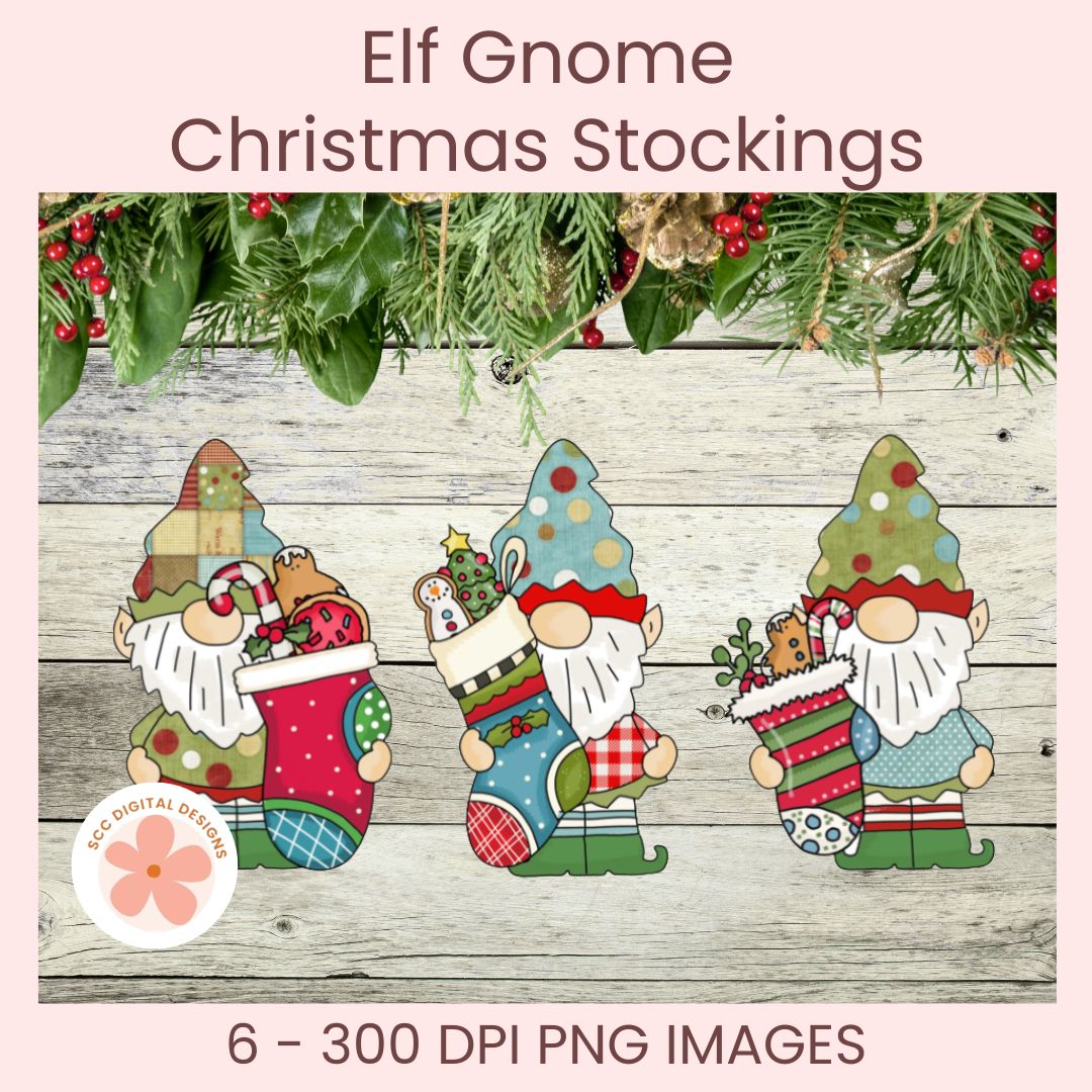 Digital listing preview for 'Elf Gnome Christmas Stockings' showing three festive gnome figures with colorful patterned stockings, set against a rustic wood plank background with pine garland above. Text at the top reads 'Elf Gnome Christmas Stockings' and text at the bottom says '6 - 300 DPI PNG IMAGES'.