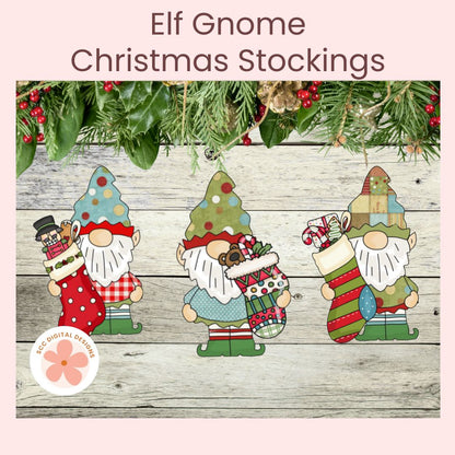 Three Christmas gnome stockings with festive gnomes hanging on a rustic wood background under evergreen branches. The image has a pink border with the text 'Elf Gnome Christmas Stockings' at the top and a circular 'EC Digital Designs' logo in the lower left.