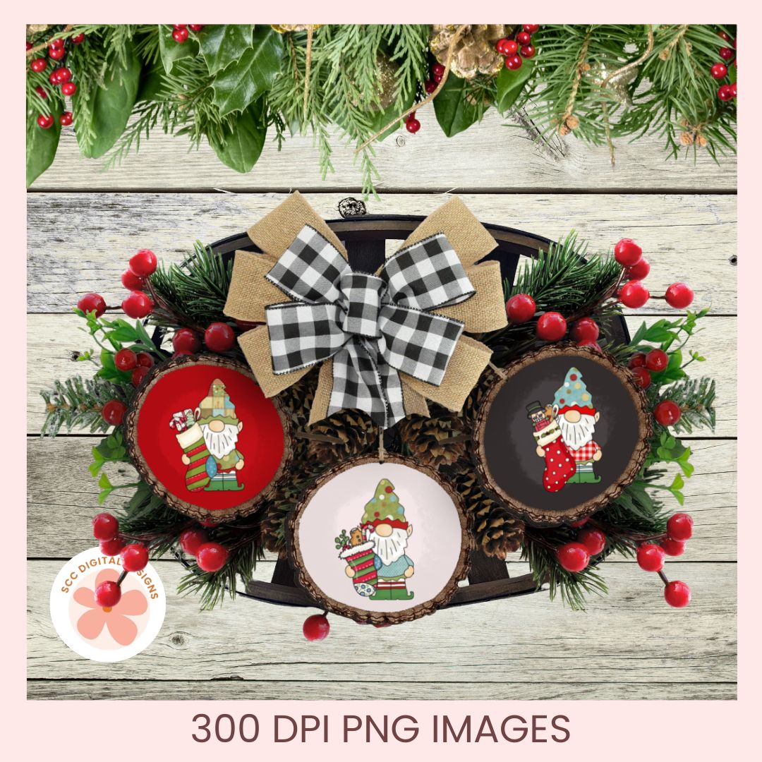 Three Christmas gnome-themed circular wood slice ornaments displayed in a wreath with a large burlap and black-and-white gingham bow, surrounded by pine branches, red berries, and greenery on a whitewashed wood background. Text at the bottom reads '300 DPI PNG IMAGES' and a circular logo appears at lower left.