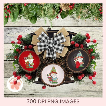 Three Christmas gnome-themed circular wood slice ornaments displayed in a wreath with a large burlap and black-and-white gingham bow, surrounded by pine branches, red berries, and greenery on a whitewashed wood background. Text at the bottom reads '300 DPI PNG IMAGES' and a circular logo appears at lower left.