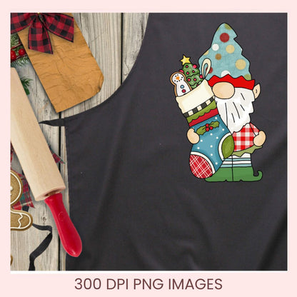 A dark charcoal gray sleeveless top or dress featuring a colorful Christmas gnome and stocking graphic on the chest, styled on a rustic wood background with a rolling pin, gift tag, and holiday decorations. Text at the bottom reads '300 DPI PNG IMAGES'.