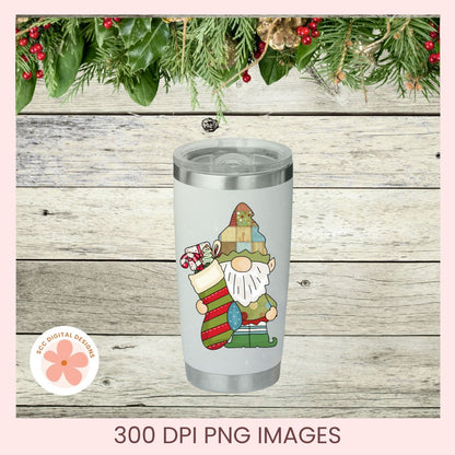 A stainless steel tumbler with a clear lid, featuring a colorful cartoon gnome graphic, shown on a rustic wood background with a green pine garland at the top. Text at the bottom reads '300 DPI PNG IMAGES' and a circular logo says 'SVG DIGITAL DESIGN'.
