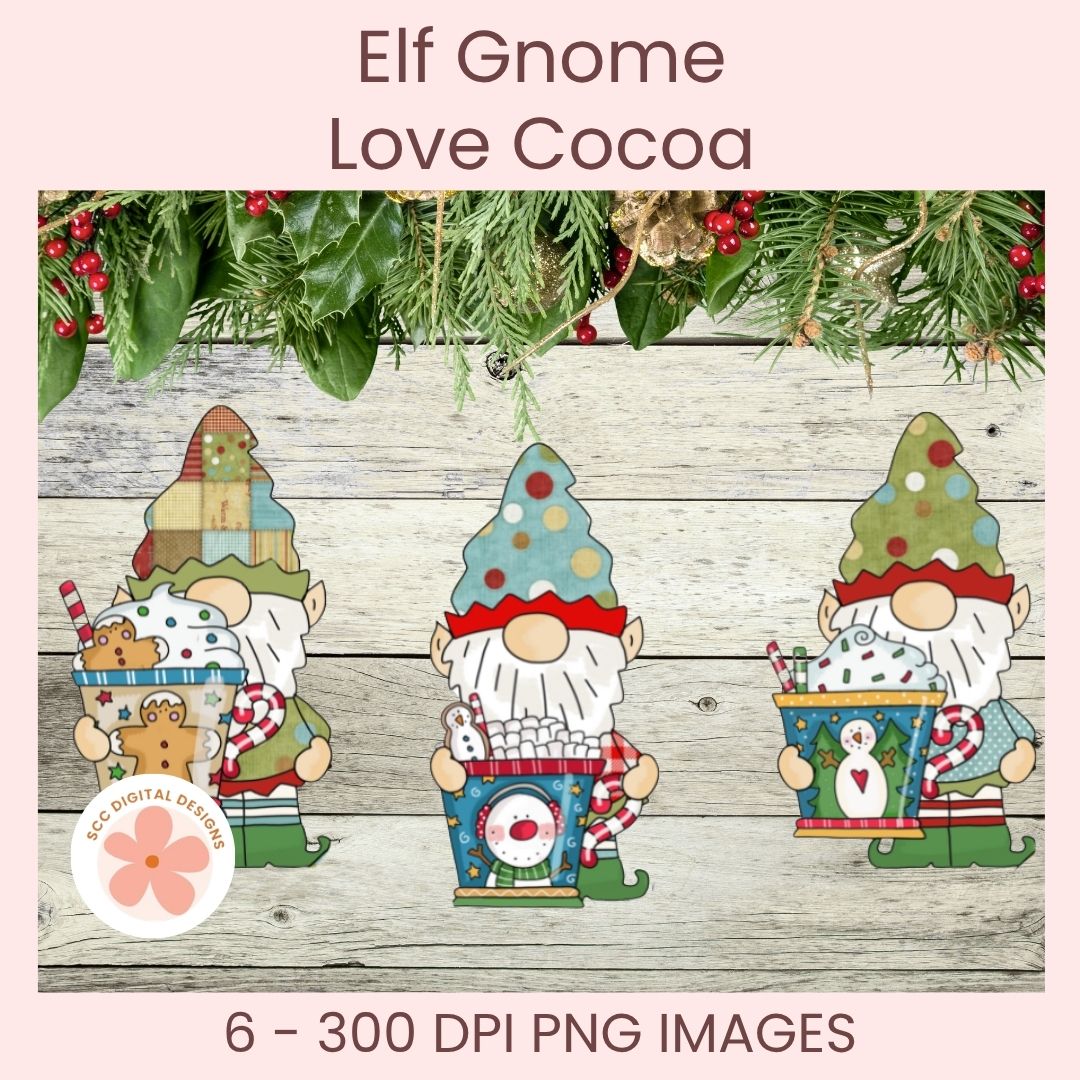 Digital graphic design preview for 'Elf Gnome Love Cocoa' featuring three festive gnome illustrations holding cocoa-themed boxes, set against a rustic wood plank background with pine garland at the top. Text at the top reads 'Elf Gnome Love Cocoa' and text at the bottom reads '6 - 300 DPI PNG IMAGES'.