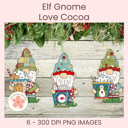 Digital graphic design preview for 'Elf Gnome Love Cocoa' featuring three festive gnome illustrations holding cocoa-themed boxes, set against a rustic wood plank background with pine garland at the top. Text at the top reads 'Elf Gnome Love Cocoa' and text at the bottom reads '6 - 300 DPI PNG IMAGES'.