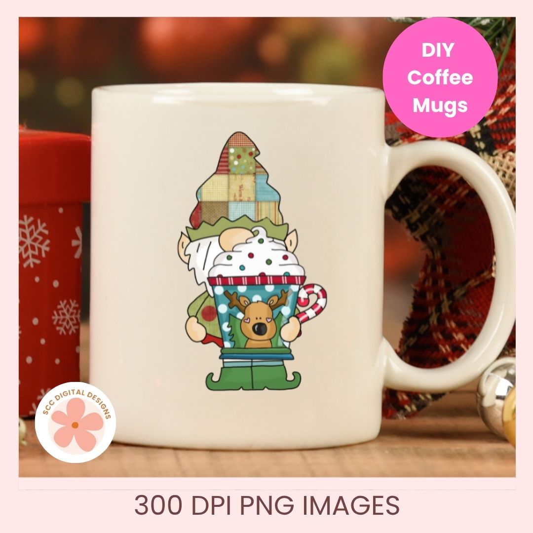 A white ceramic coffee mug with a colorful cartoon gnome graphic, shown in a festive holiday setting with a pink 'DIY Coffee Mugs' badge and text reading '300 DPI PNG IMAGES'.