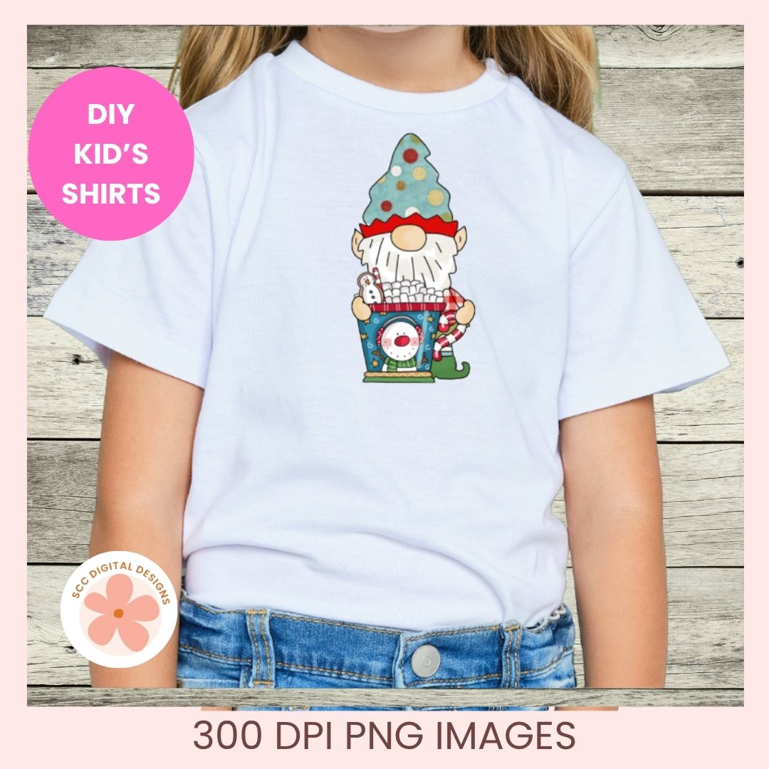 A child wearing a white short-sleeve T-shirt with a colorful gnome and Christmas tree graphic on the chest, shown against a rustic wood plank background. Pink promotional overlays read 'DIY KID'S SHIRTS' and '300 DPI PNG IMAGES'; a circular logo says 'Soo Digital Designs'.