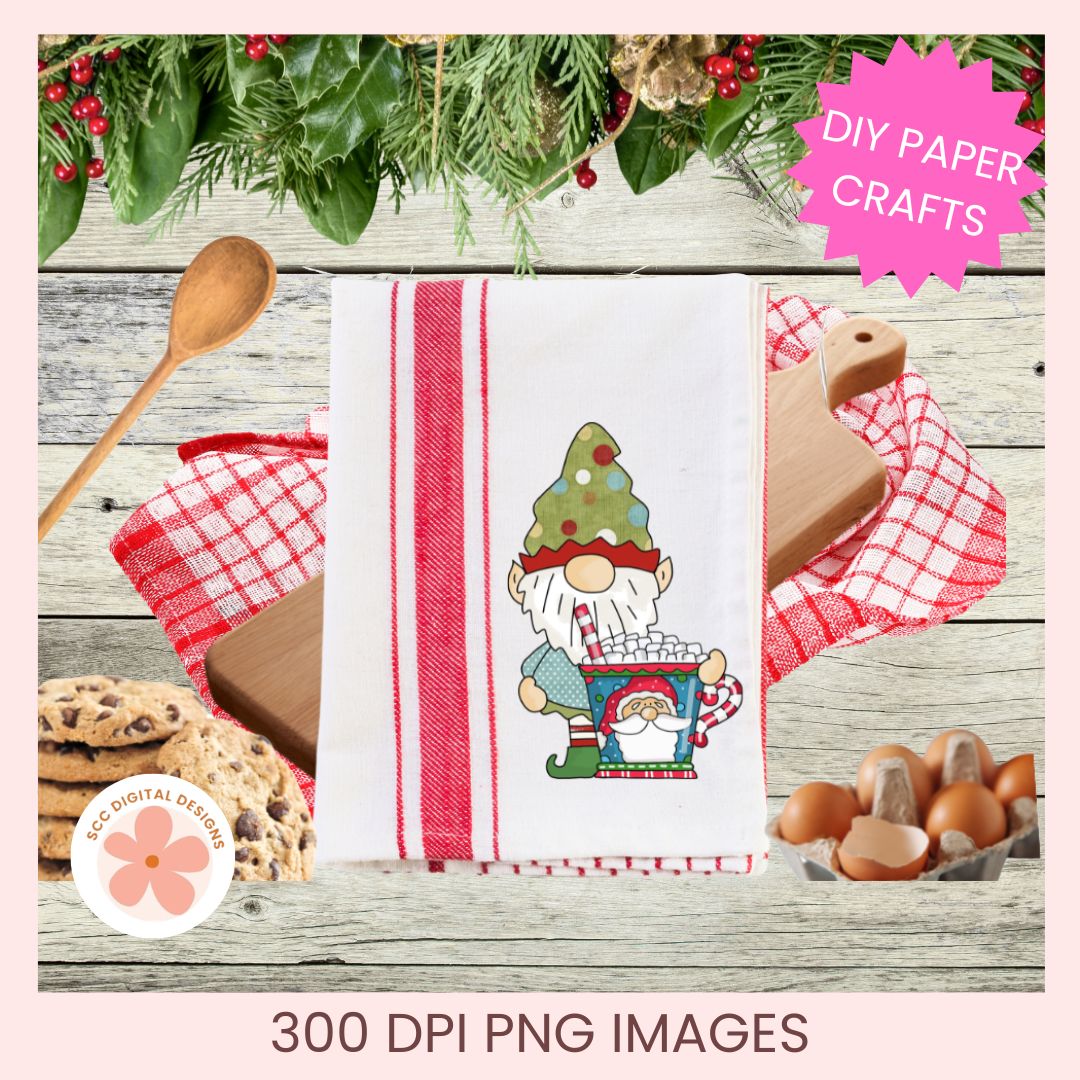 A festive kitchen towel with a Christmas gnome and tree design, styled on a rustic wood background with cookies, eggs, a wooden spoon, and holiday greenery. Text overlays read 'DIY PAPER CRAFTS' and '300 DPI PNG IMAGES'.