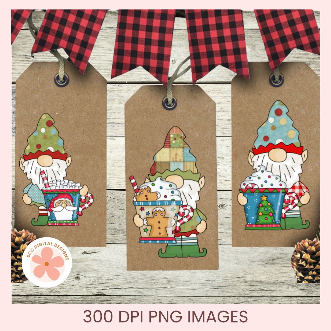 Three Christmas gnome gift tags on brown kraft paper, decorated with red plaid bunting, pinecones, and a circular logo for 'JCC Digital Designs'.