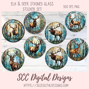 Stained Glass PNG Sticker Pack for Digital and Printable Planners, Journals, Notebooks & Digital Scrapbooking, Deer & Elk Car Decals, Instant Download Pre-Cropped Goodnotes Compatible PNG Images