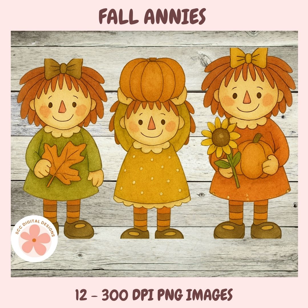 Three cartoon girls with autumn-themed items on a wooden background, labeled 'Fall Annies'.