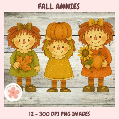 Three cartoon girls with autumn-themed items on a wooden background, labeled 'Fall Annies'.
