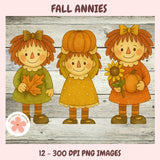 Three cartoon girls with autumn-themed items on a wooden background, labeled 'Fall Annies'.