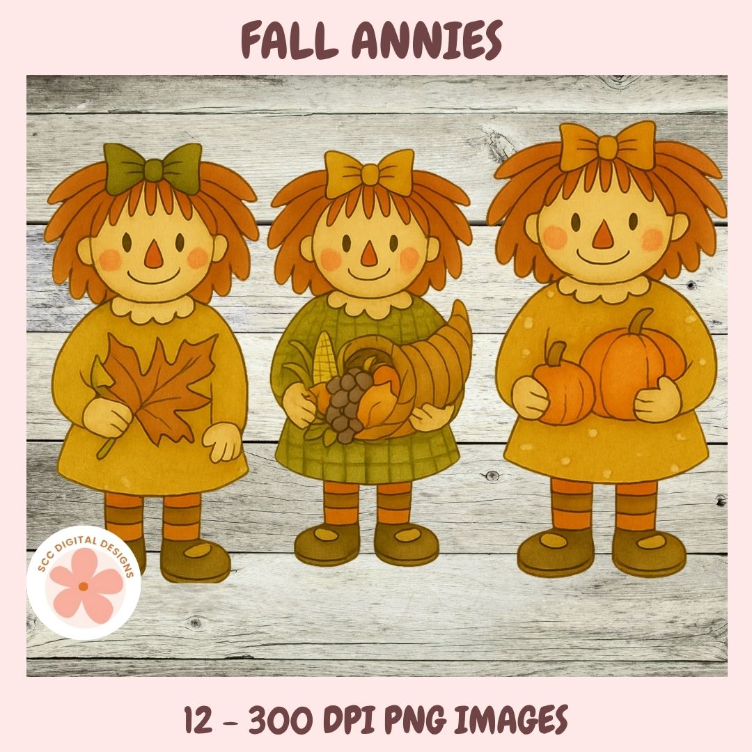 Three cartoon girls with autumn-themed items on a wooden background, labeled 'Fall Annies'.