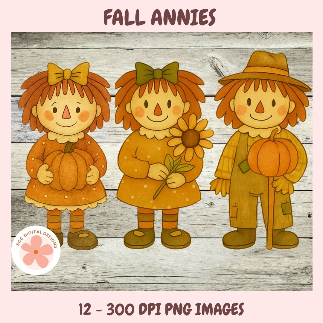 Three autumn-themed characters holding pumpkins and a flower on a wooden background with 'Fall Annies' text.