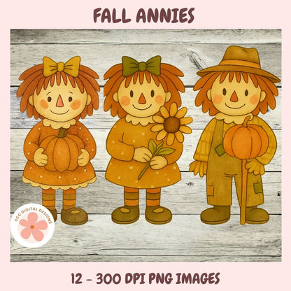 Three autumn-themed characters holding pumpkins and a flower on a wooden background with 'Fall Annies' text.