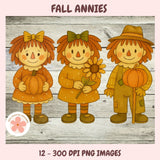 Three autumn-themed characters holding pumpkins and a flower on a wooden background with 'Fall Annies' text.