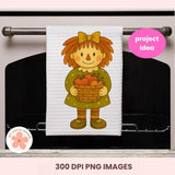 Towel with cartoon character holding a basket of apples on an oven door, labeled 'project idea'.