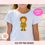 White t-shirt with a cartoon character holding a leaf, on a wooden background.