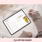 Person using a stylus on a tablet with a digital planner app on a soft surface.