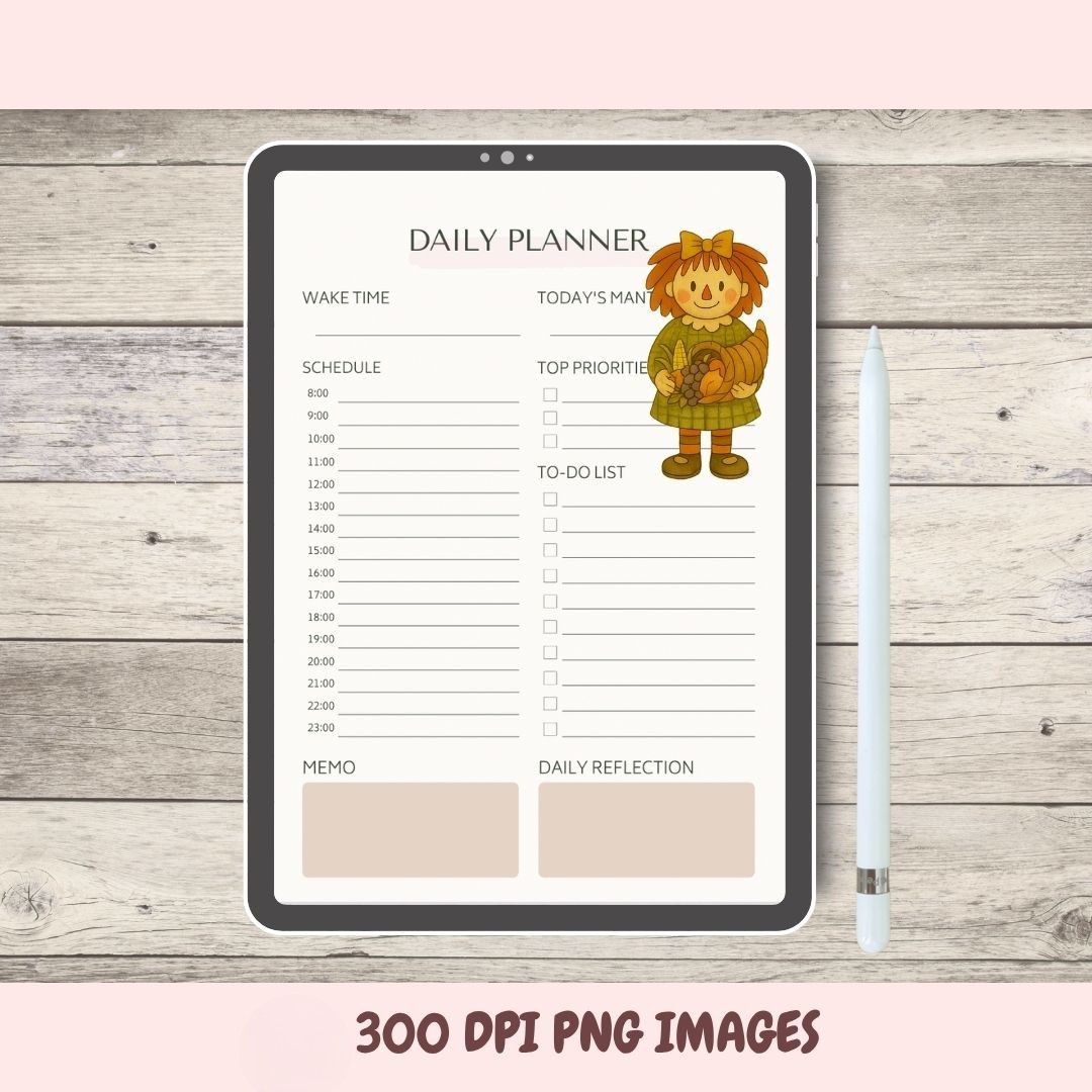 Daily planner on a tablet with a cartoon character on a wooden surface