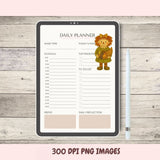 Daily planner on a tablet with a cartoon character on a wooden surface