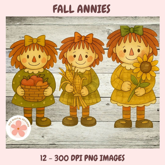 Three cartoon girls with autumn-themed items on a wooden background, labeled 'Fall Annies'.