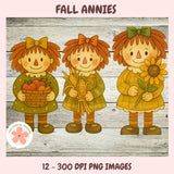 Three cartoon girls with autumn-themed items on a wooden background, labeled 'Fall Annies'.