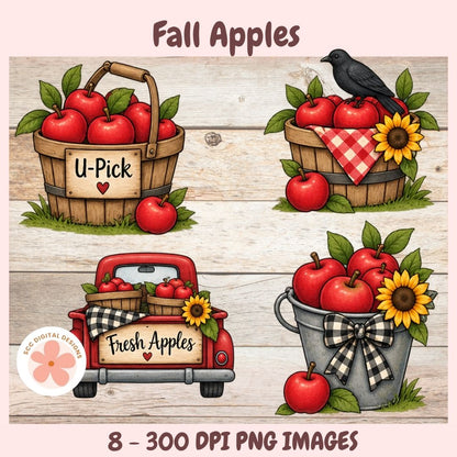A digital clipart preview titled 'Fall Apples' showing four autumn-themed illustrations: a wooden basket labeled 'U-Pick' with red apples, a black bird on a red gingham blanket, a red pickup truck with 'Fresh Apples' and apples, and a galvanized bucket with a black-and-white check bow and apples. The artwork is set on a whitewashed wood background with a pink border and text stating '8 - 300 DPI PNG IMAGES.