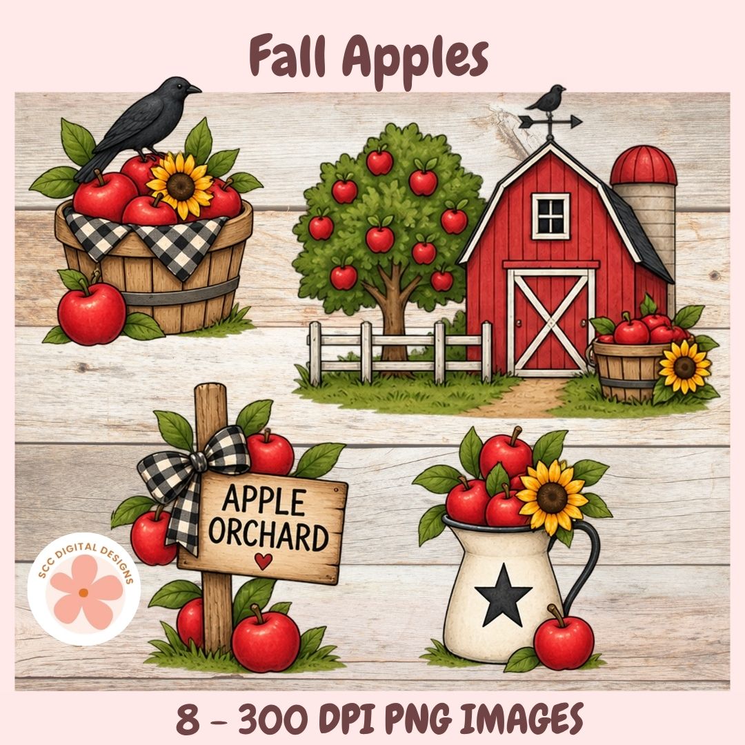 A digital clipart preview sheet titled 'Fall Apples' showing multiple autumn-themed illustrations on a whitewashed wood background: baskets of red apples with sunflowers and a black raven, a red barn with an apple tree, an 'Apple Orchard' sign, and an apple-filled pitcher. Text at the bottom reads '8 - 300 DPI PNG IMAGES' and a circular logo says 'EC Digital Designs'.