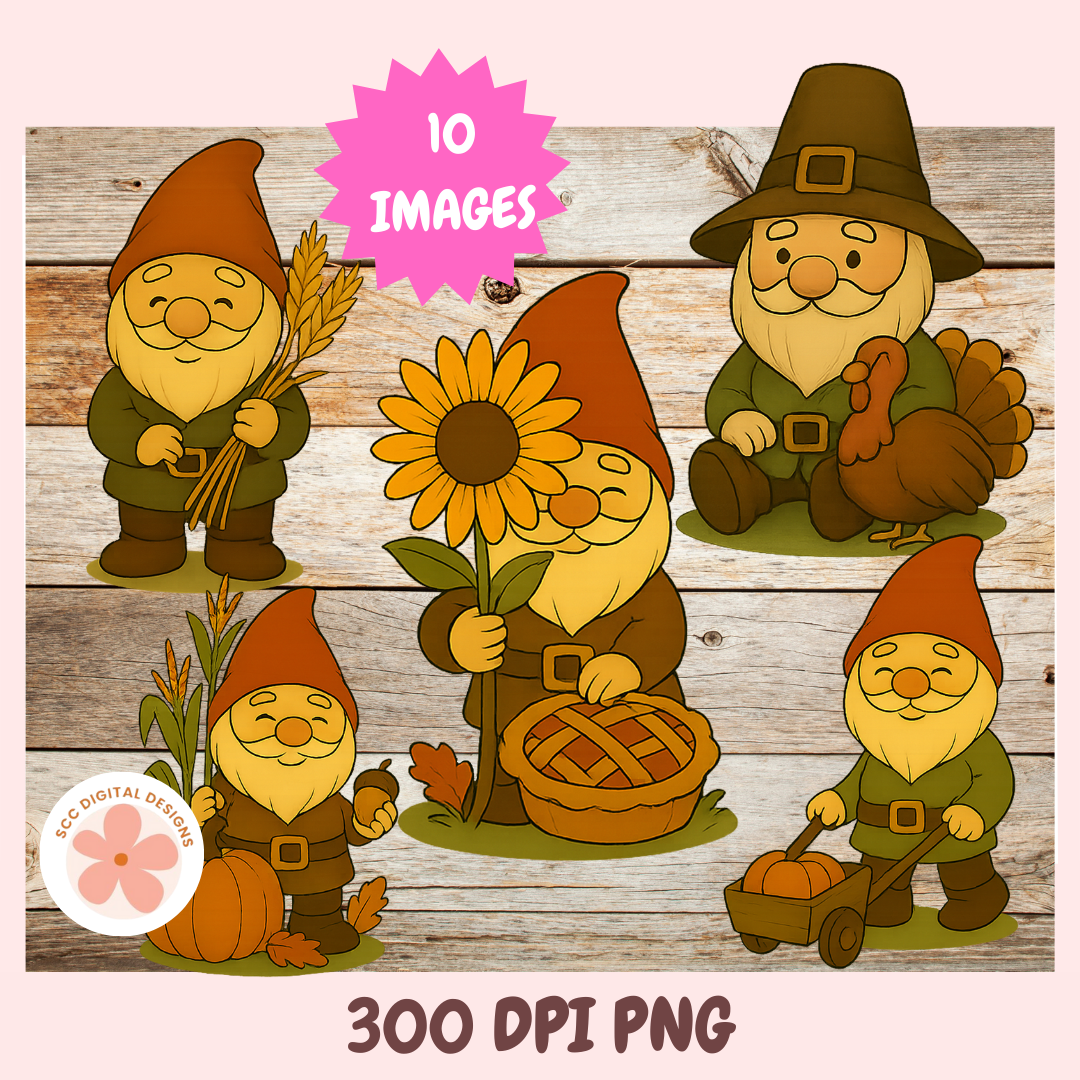 Set of four cartoon gnomes with autumn-themed items on a wooden background, featuring '10 Images' and '300 DPI PNG' text.