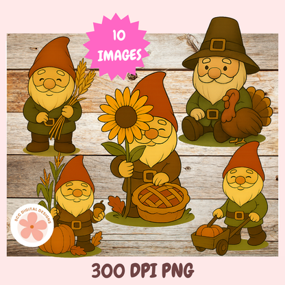 Set of four cartoon gnomes with autumn-themed items on a wooden background, featuring '10 Images' and '300 DPI PNG' text.