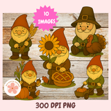 Set of four cartoon gnomes with autumn-themed items on a wooden background, featuring '10 Images' and '300 DPI PNG' text.