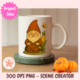 Mug with a gnome design on a wooden surface with pumpkins, featuring 'Project Idea' text.