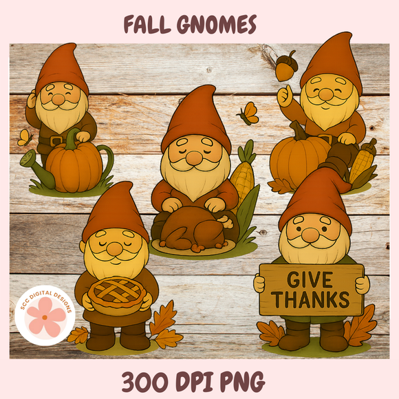 Set of fall-themed gnomes with pumpkins, pies, and a 'Give Thanks' sign on a wooden background.