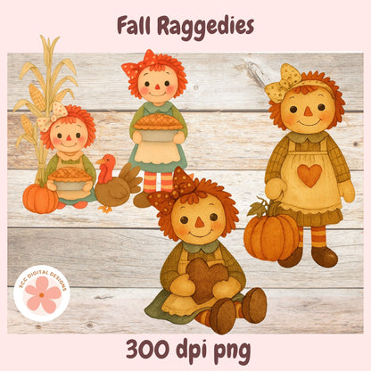 Digital clipart preview of four autumn raggedy dolls with red hair, holding pumpkins and corn, on a rustic wood background with text reading 'Fall Raggedies' and '300 dpi png'.