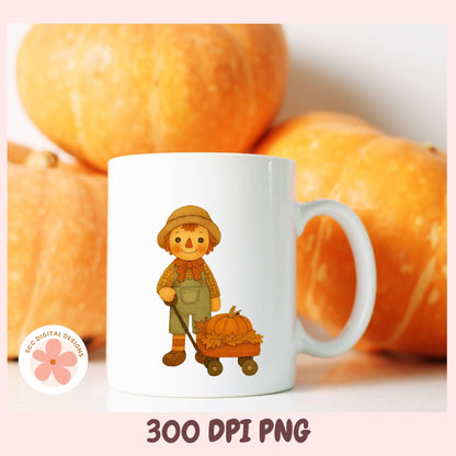 A white ceramic mug with a cute cartoon scarecrow pulling a pumpkin cart, set against a blurred background of orange pumpkins. The text '300 DPI PNG' is displayed at the bottom.