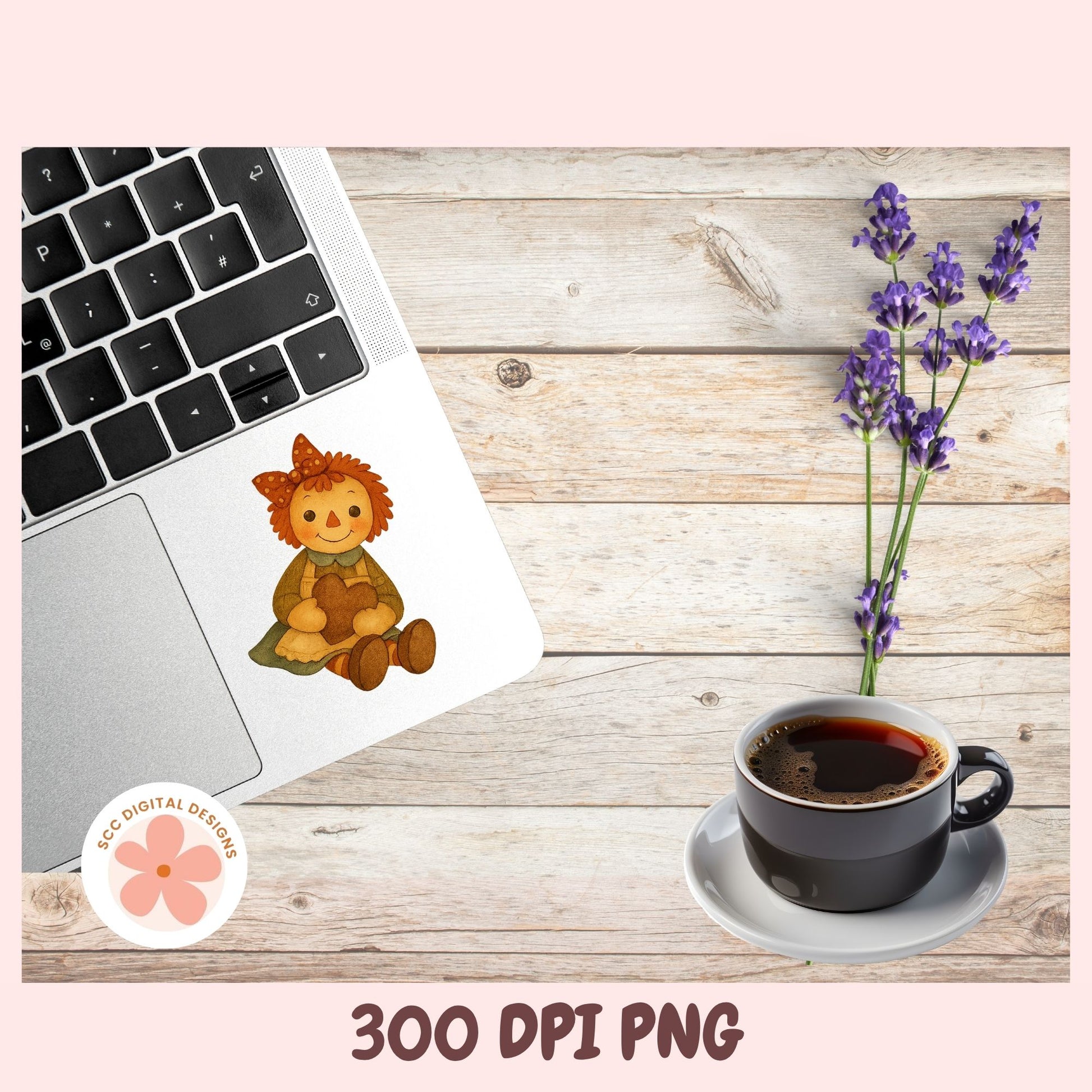 A digital sticker design of a cute cartoon bear sitting on a laptop trackpad, shown in a styled flat-lay mockup with a laptop, coffee cup, lavender, and a pink border. Text at the bottom reads '300 DPI PNG' and a circular logo reads 'SEC DIGITAL DESIGNS'.