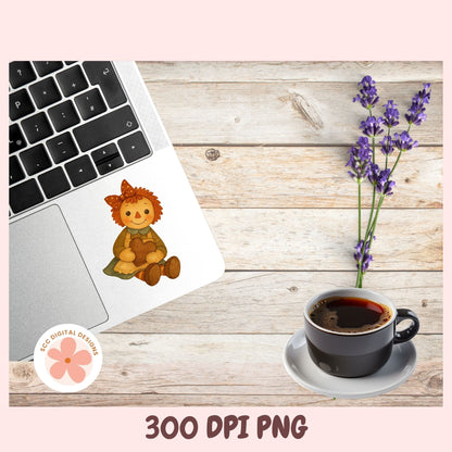 A digital sticker design of a cute cartoon bear sitting on a laptop trackpad, shown in a styled flat-lay mockup with a laptop, coffee cup, lavender, and a pink border. Text at the bottom reads '300 DPI PNG' and a circular logo reads 'SEC DIGITAL DESIGNS'.