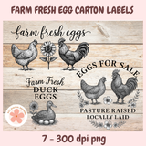Farm fresh egg carton labels with chickens, roosters, and ducks on a wooden background.