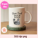 Mug with 'Farm Fresh Duck Eggs' text and duck illustration on a wooden surface.