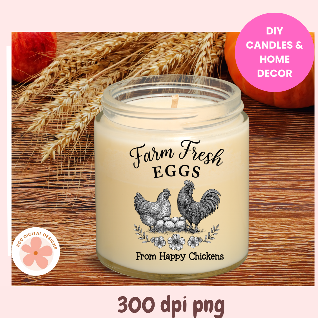 Candle with 'Farm Fresh Eggs' text and chicken design on a wooden surface with wheat and pumpkins.