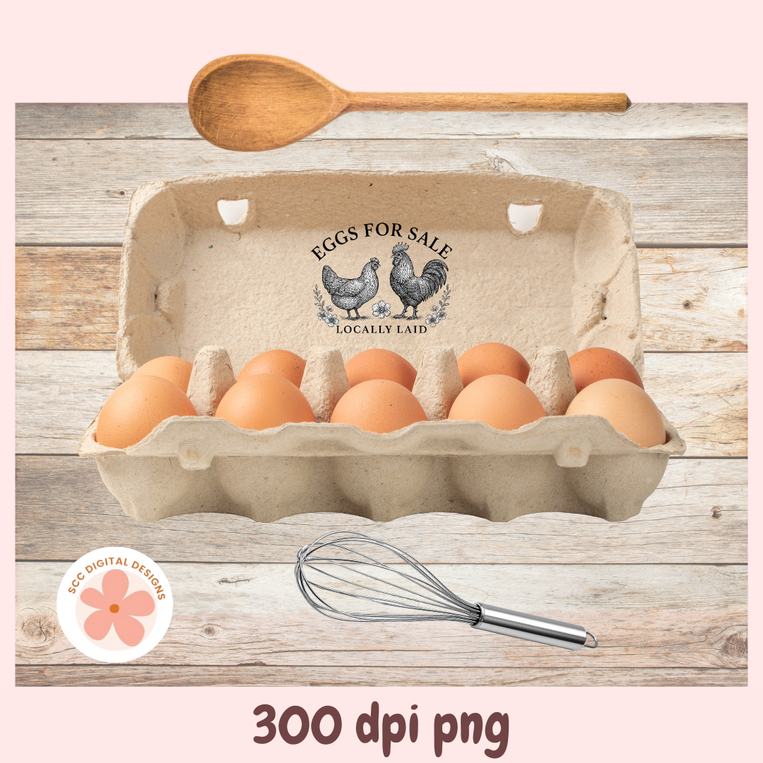 Carton of eggs with a wooden spoon and whisk on a wooden surface, featuring 'Eggs for Sale' branding.