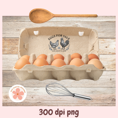 Carton of eggs with a wooden spoon and whisk on a wooden surface, featuring 'Eggs for Sale' branding.