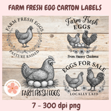 Farm fresh egg carton labels with chickens and text on a wooden background