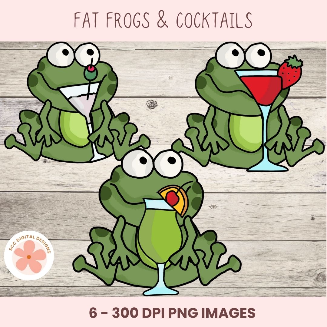 Cartoon frogs with drinks on a wooden background, labeled 'Fat Frogs & Cocktails'.